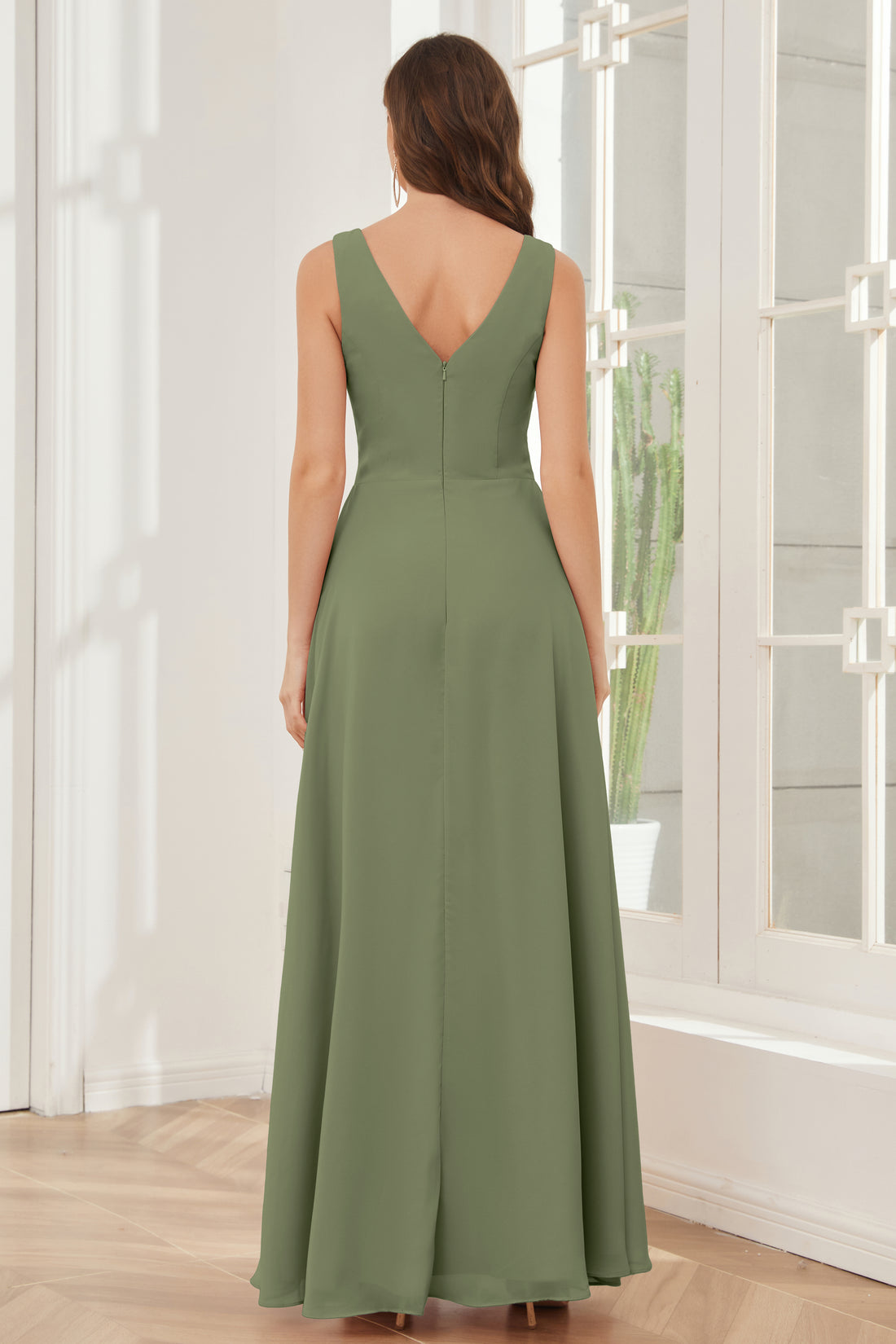 Beaded Strap Chiffon Bridesmaid Dress with V-neck Terracotta main image 1