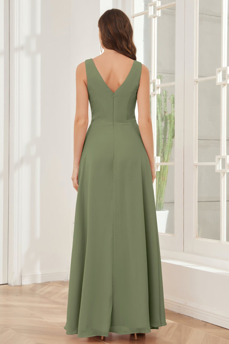 V-neck Pleats Chiffon Wedding Guest Dress with Ruffles
