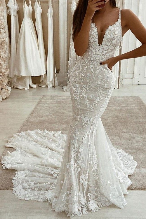 Mermaid Low V Neck Spaghetti Straps Apliques Detachable Shawl Wedding Dress WW1065