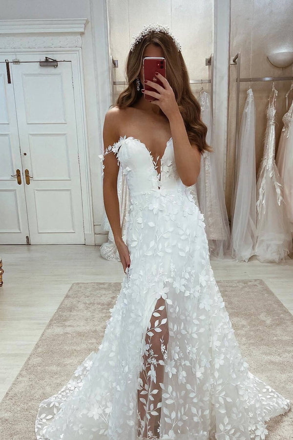 New Arrival V-Neck Lace Off-the-Shoulder Long Sleeves Wedding Dress With Appliques main image 1