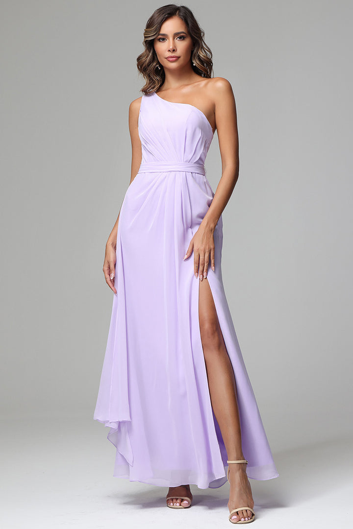 Floor-Length Off-the-Shoulder Wedding Guest Dresses with Split Side & Ruched