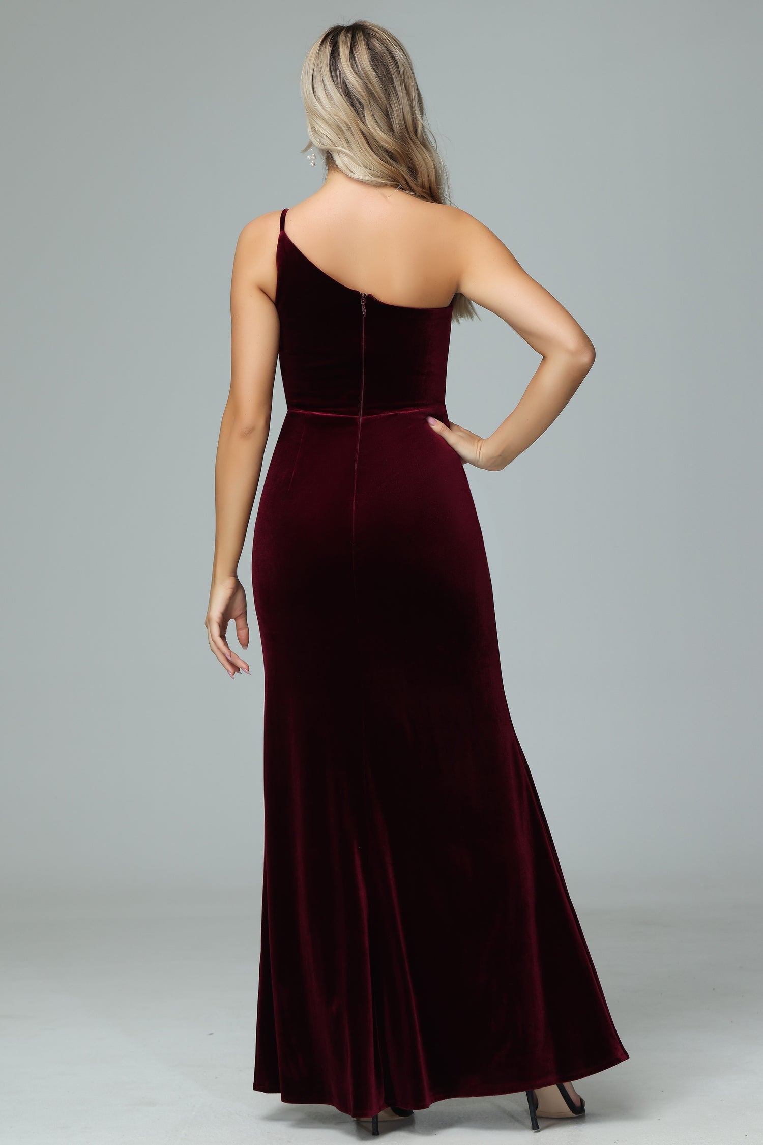 One Shoulder Ruffle Hem Velvet Party Dress