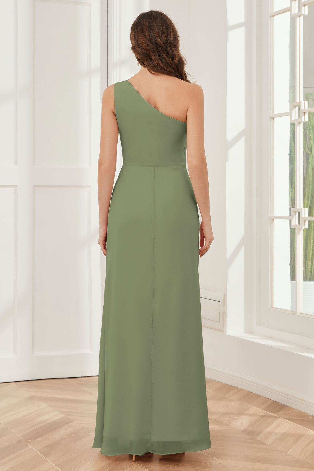 One Shoulder A Line Velvet Green Bridesmaid Dress with Slit