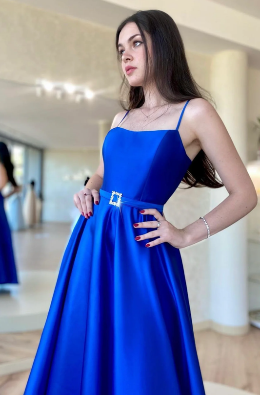 Royal Blue Satin A-Line Spaghetti Straps Formal Prom Dress