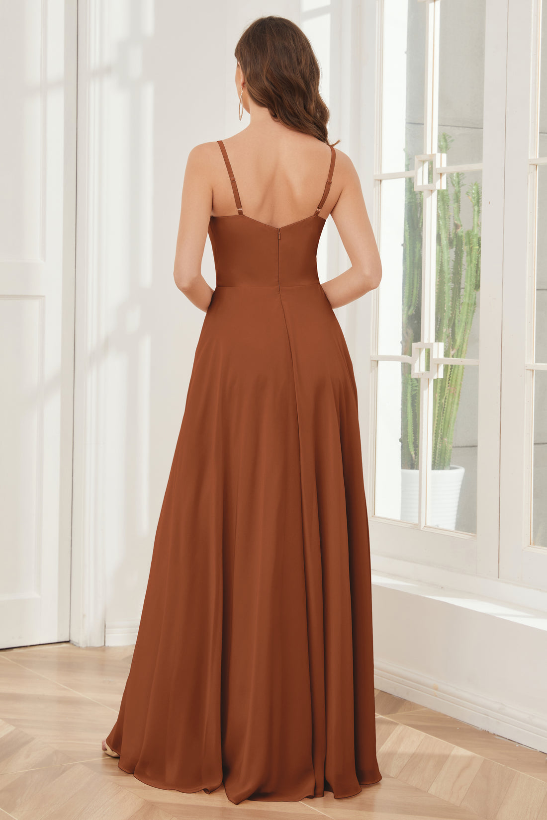 A-Line Spaghetti Straps Chiffon Bridesmaid Dress in Almond main image 1