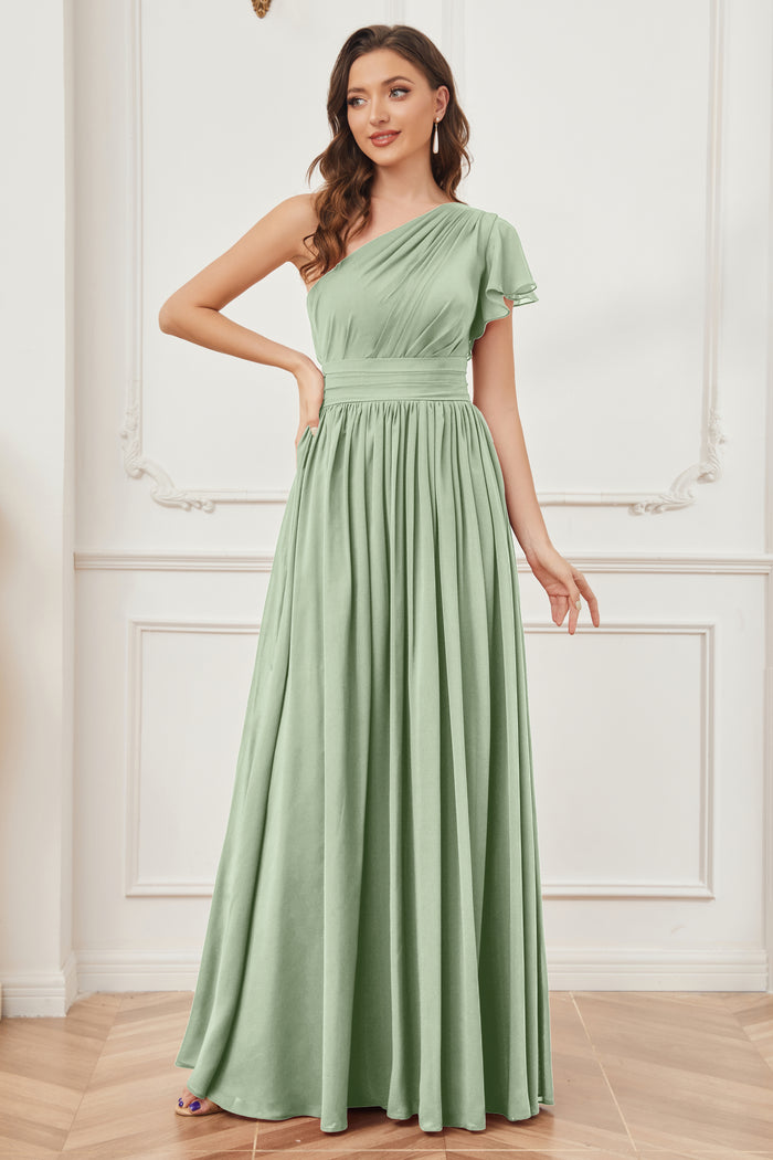One shoulder Long Chiffon Bridesmaid Gowns Fuchsia Plus Size