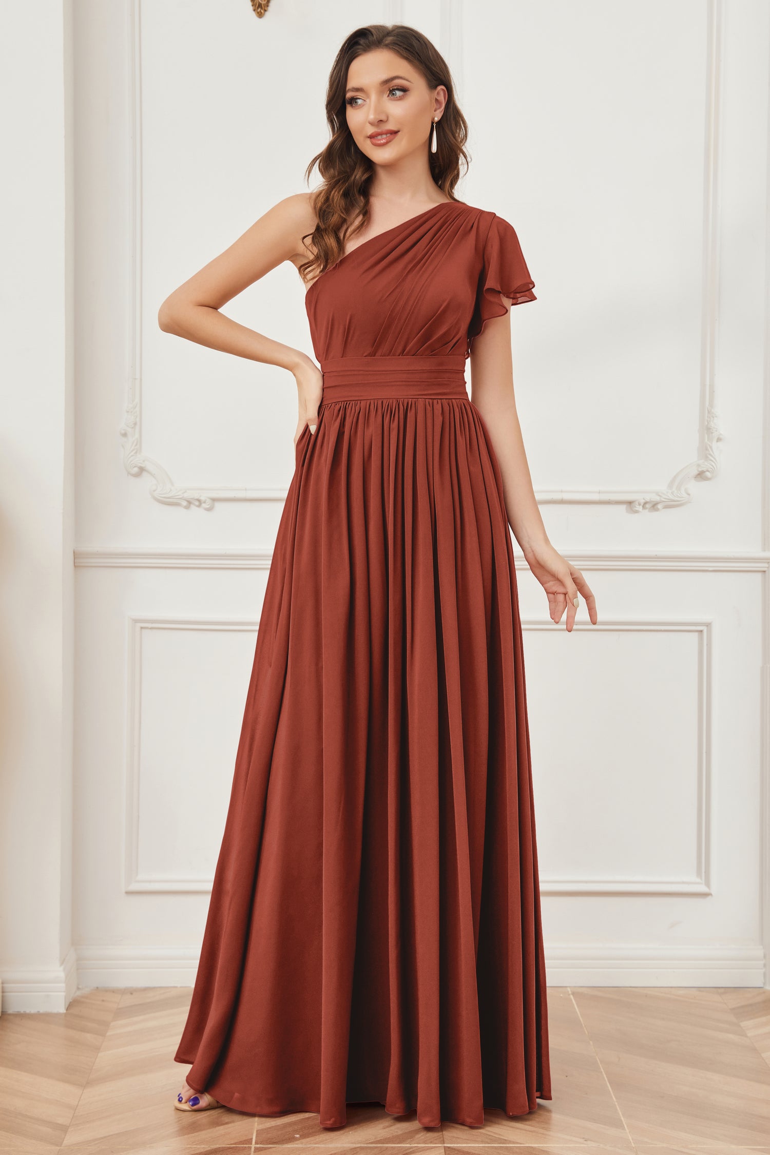 One Shoulder Chiffon Dress for Bridesmaids Rust Plus Size main image 0