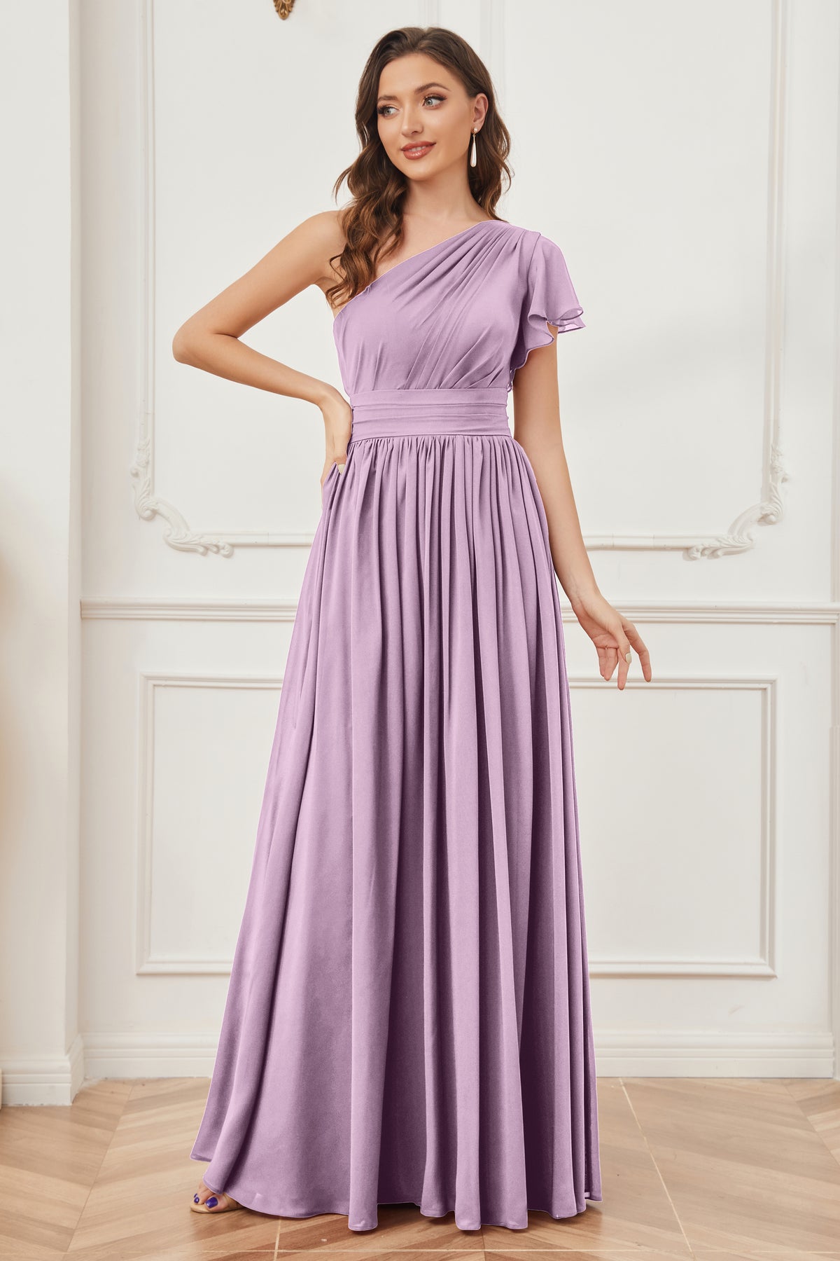 Charming One-shoulder A-line Chiffon Floor-Length Long Bridesmaid Dresses