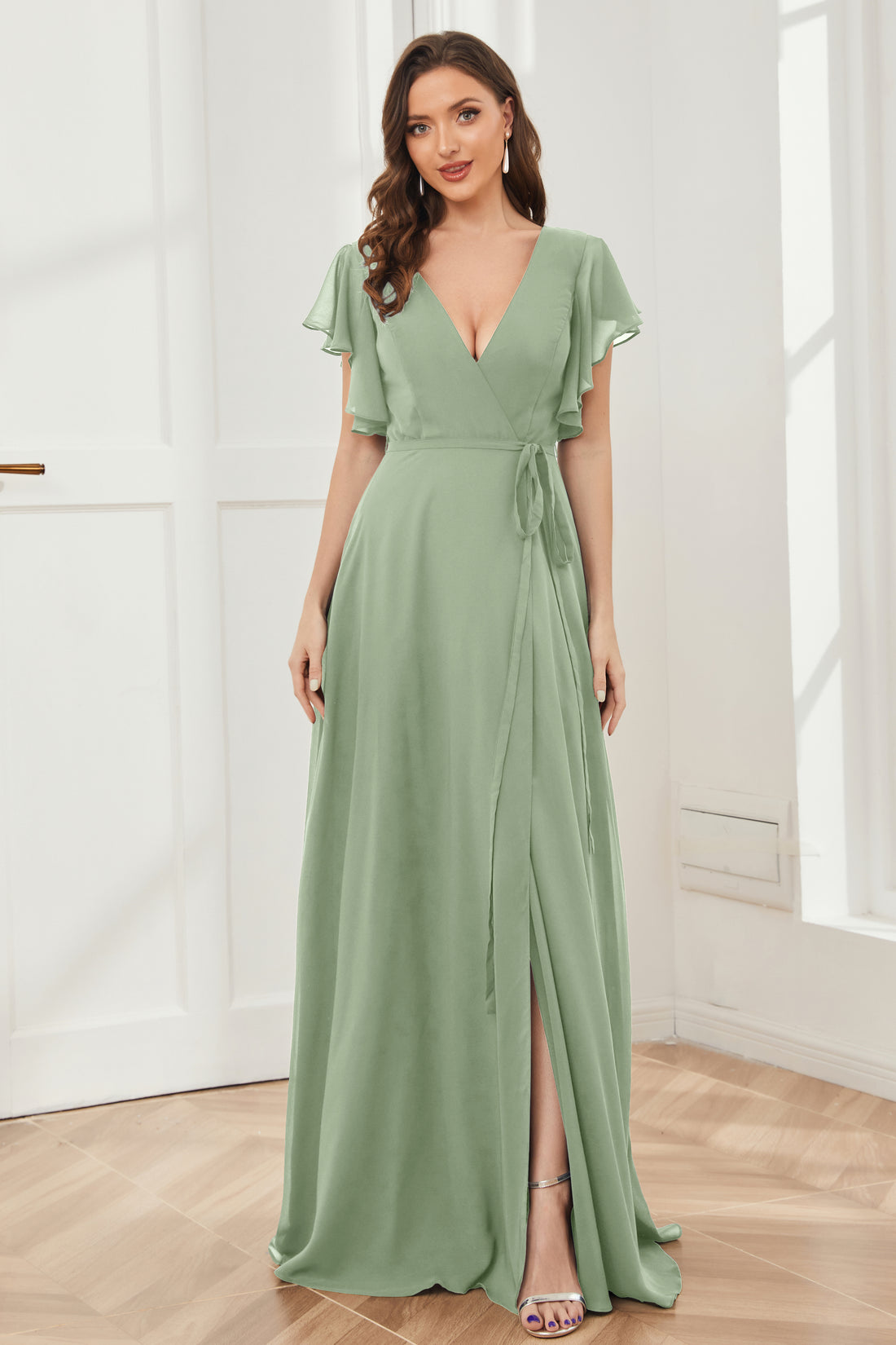 Pleated Sweetheart Neck Lace Ruffles Chiffon Dress Dusty Sage main image 1