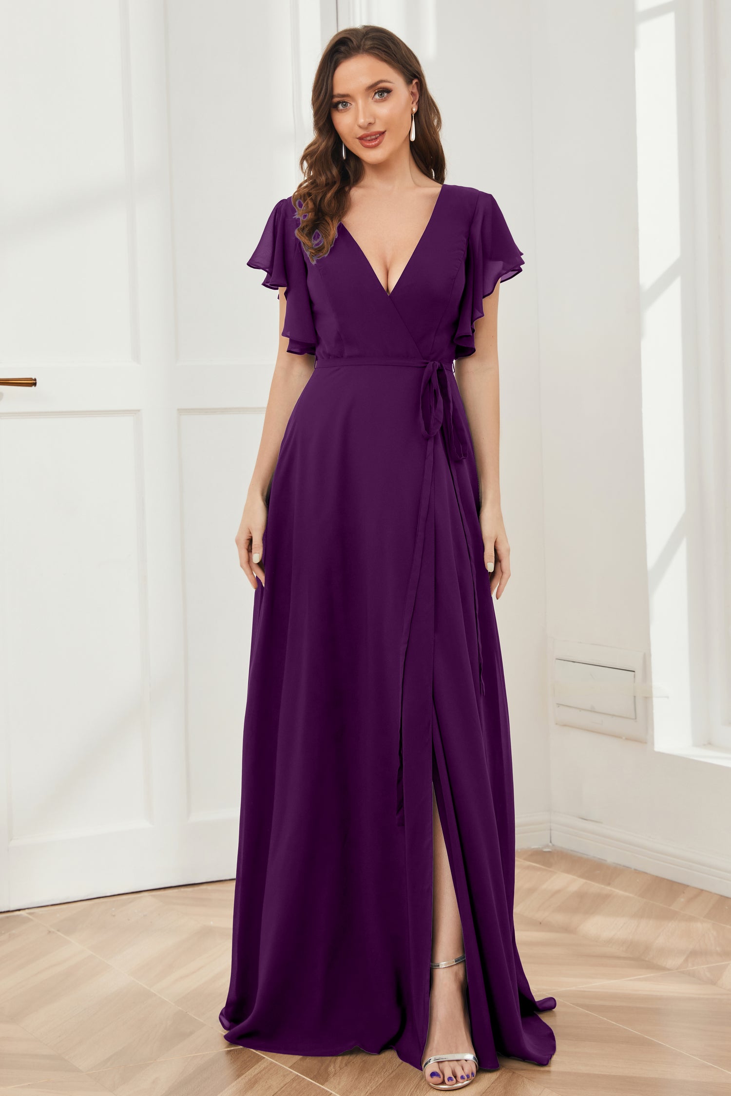 Cap Sleeves V-neck Chiffon Dress with Slit Burgundy