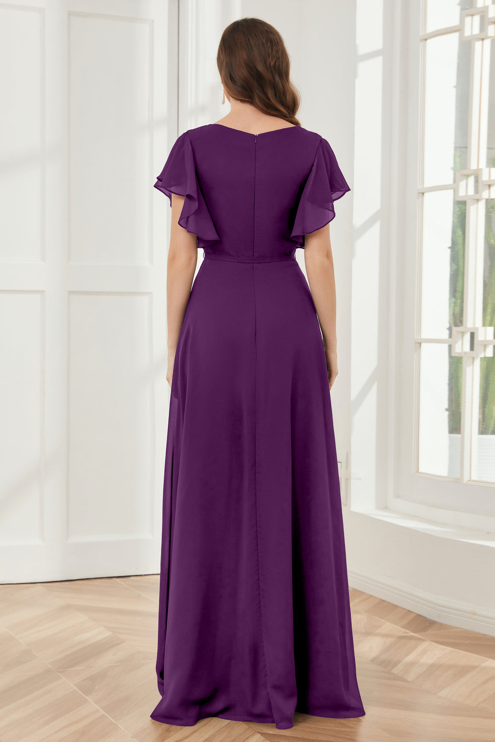 Chiffon Bridesmaid Gown with Slit and Cap Sleeves Peacock
