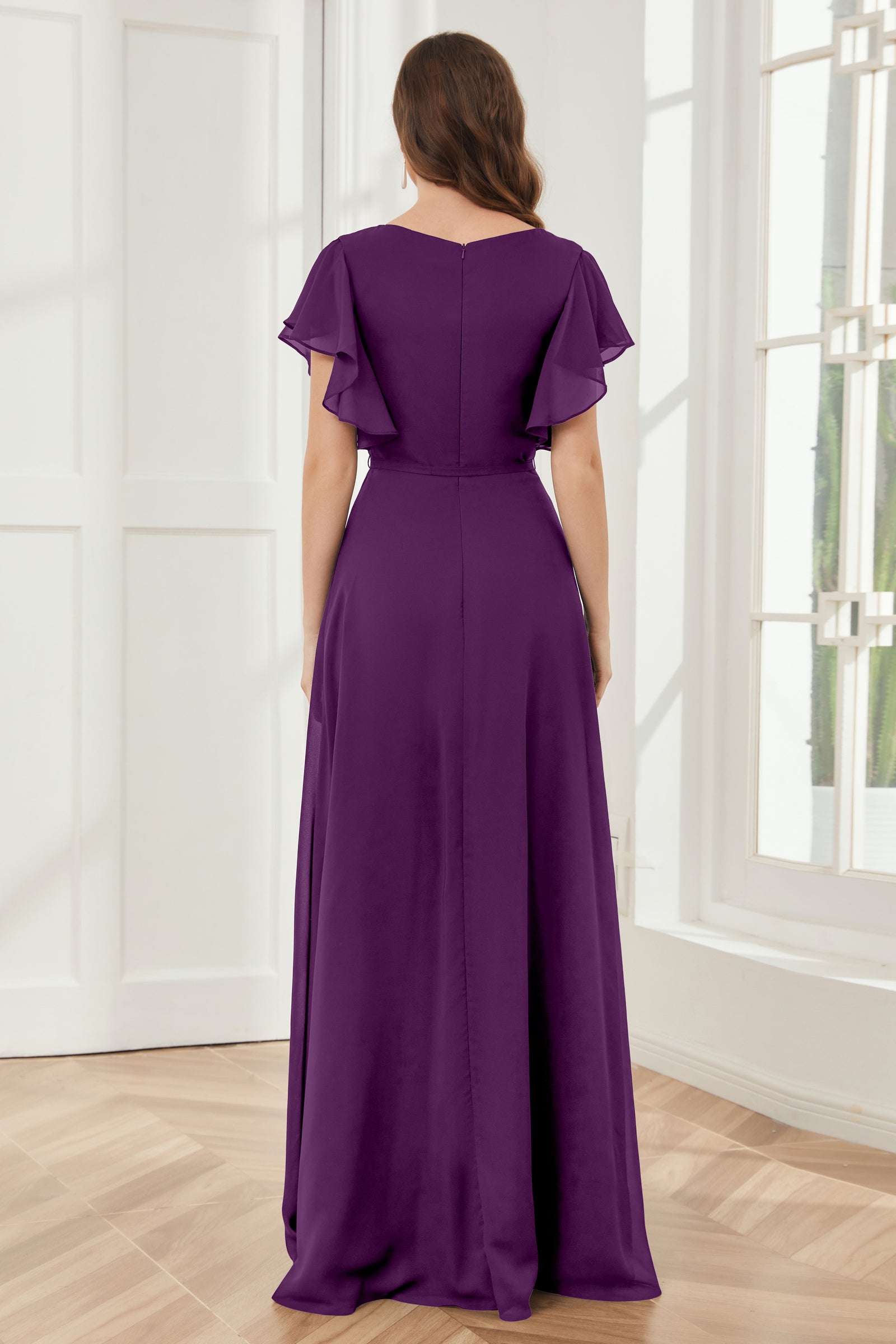V-neck Cap Sleeves Chiffon Bridesmaid Dresses Lavender Plus Size