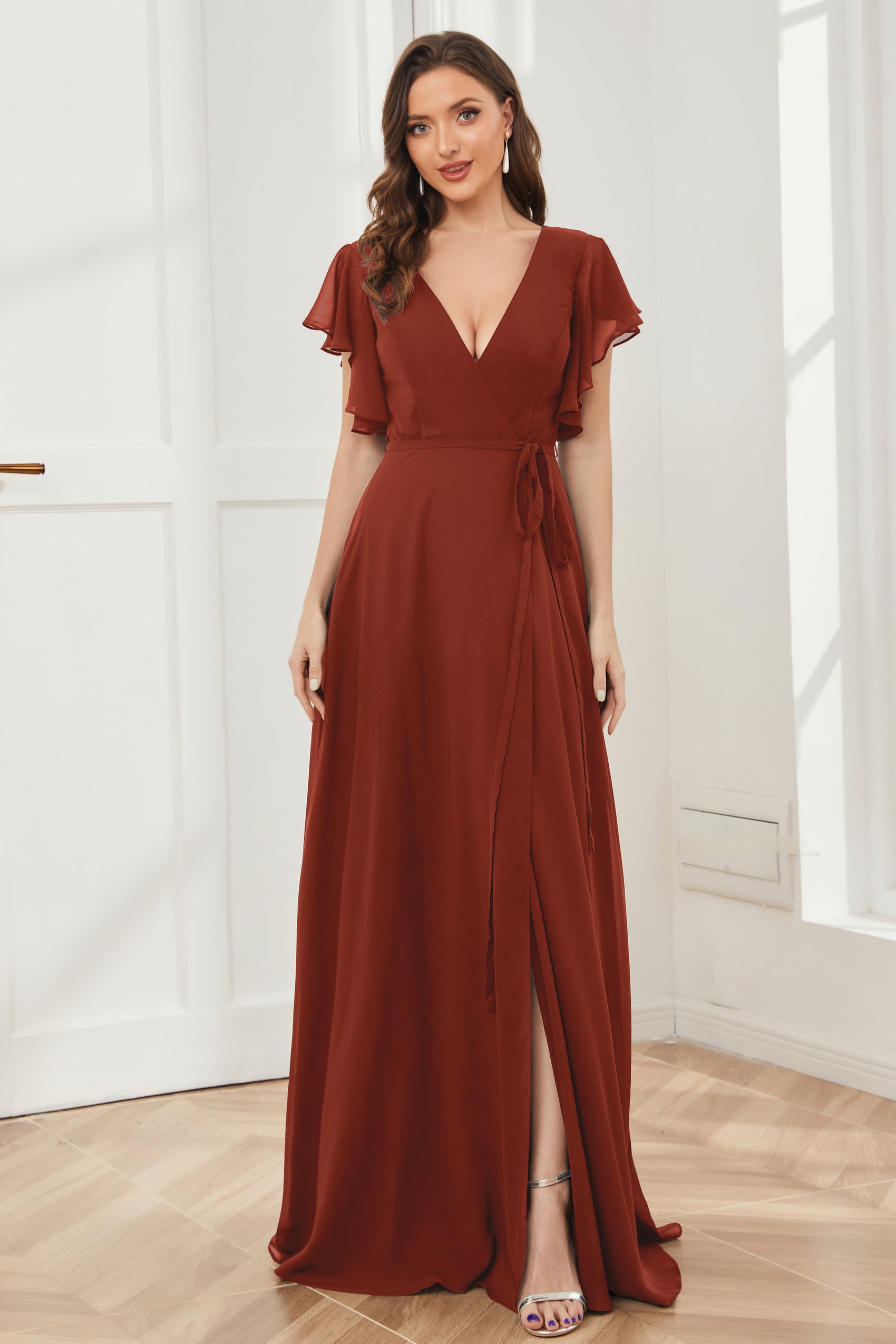 Ruffles V-neck Chiffon Slit Junior Bridesmaid Dresses Mulberry main image 0