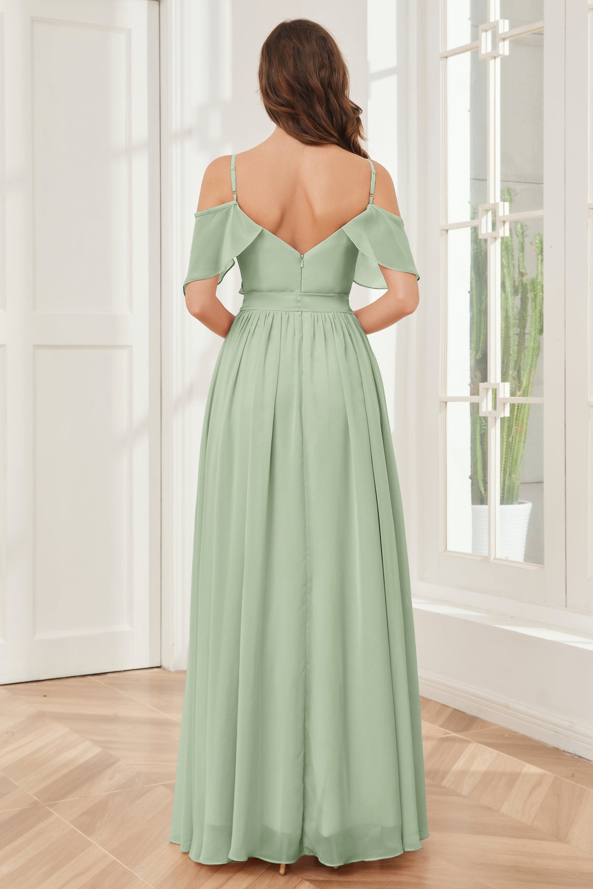 Off Shoulder Ruffles Chiffon Bridesmaid Dress Sage main image 1