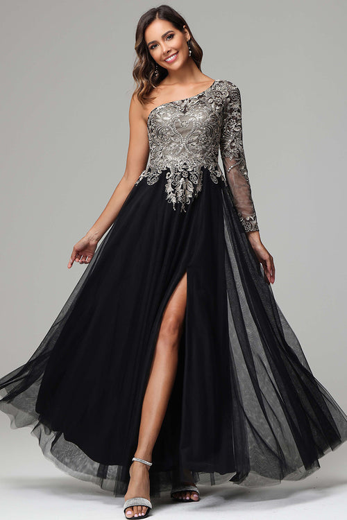 Elegant One-Shoulder Lace Appliqued Prom Dress with Slit for Special Occasions main image 0