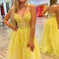Yellow Spaghetti Straps A-line Lace Appliques Prom Dress
