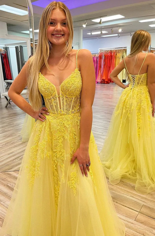 Yellow Chiffon A Line Lace Appliques Bodice Long Prom Dresses, Party Dress, PL750