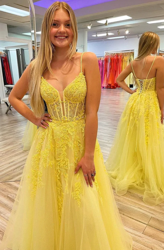 A Line Spaghetti Straps Satin Pockets Yellow Prom Dresses with Slit LBQ2286 main image 1