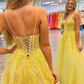 Yellow Spaghetti Straps A-line Lace Appliques Prom Dress