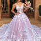 A-line Sleeveless V Neck Tulle Appliques Pink Long Prom Wedding Gown
