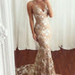 V-neck Lace Mermaid Long Prom Dresses, Spaghetti Staps Backless Evening Dresses