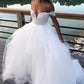 A-line Tulle White Long Prom Dresses, Off-Shoulder Wedding Dresses