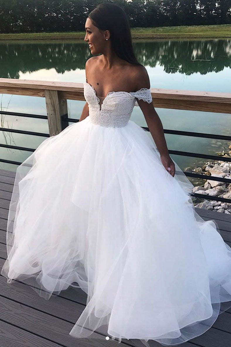 A-line Tulle White Long Prom Dresses, Off-Shoulder Wedding Dresses