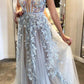 A-line Floral Appliques Long Prom Dresses Plunging Neckline Formal Gown