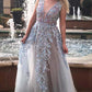 A-line Floral Appliques Long Prom Dresses Plunging Neckline Formal Gown