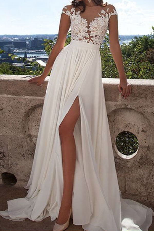 Products Romantic Cap Sleeves Lace Bodice Split Side Chiffon Wedding Dress W311