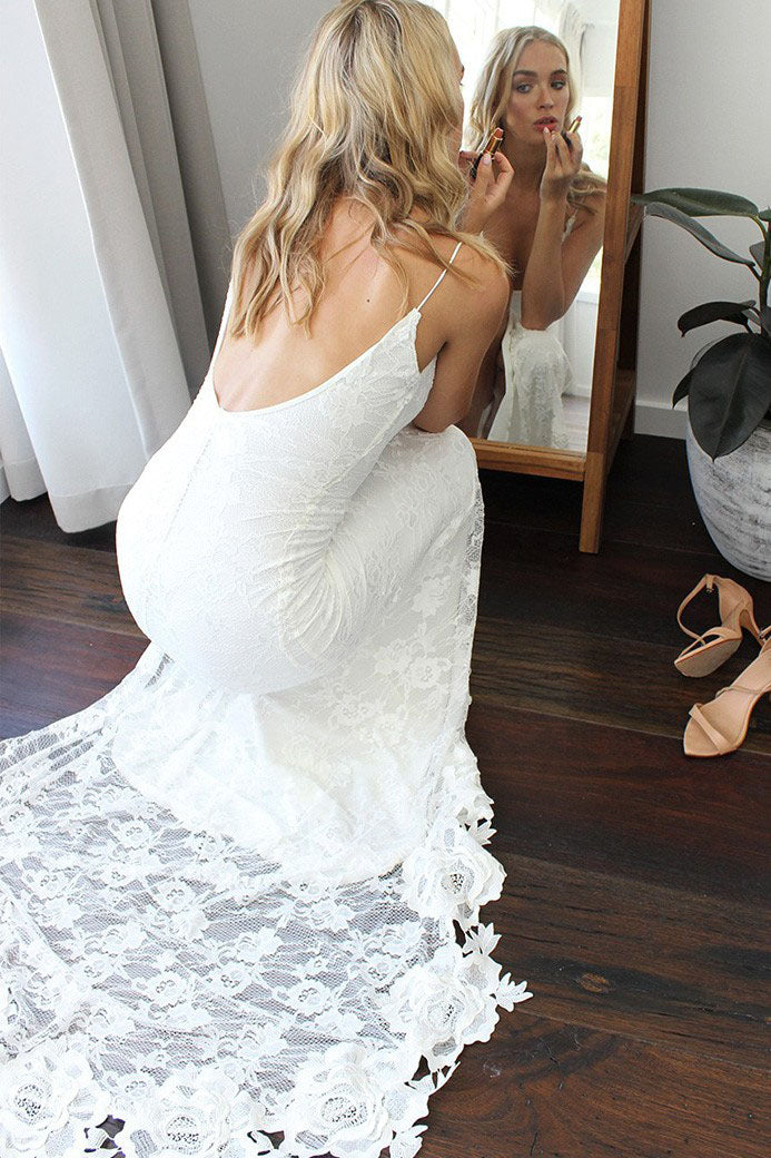 Delicate Mermaid Sheath Spaghetti Straps Backless Wedding Dresses with Split Side