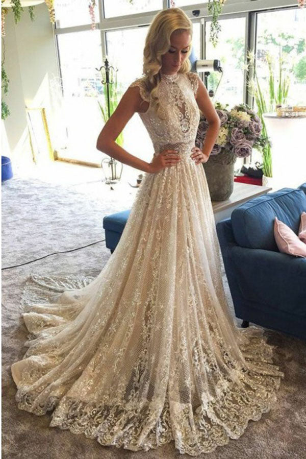 lace high neck wedding dress Stunning Appliques Dresses with Sequins Classy Dresses Modest Modest The high neckline adds DEC2024 Size:13/14