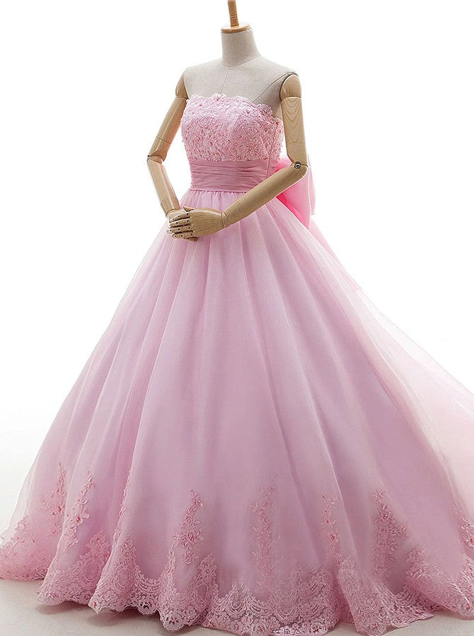Pink Tulle Strapless With Bowknot Sleeveless Appliques Ball Gown Wedding Dresses