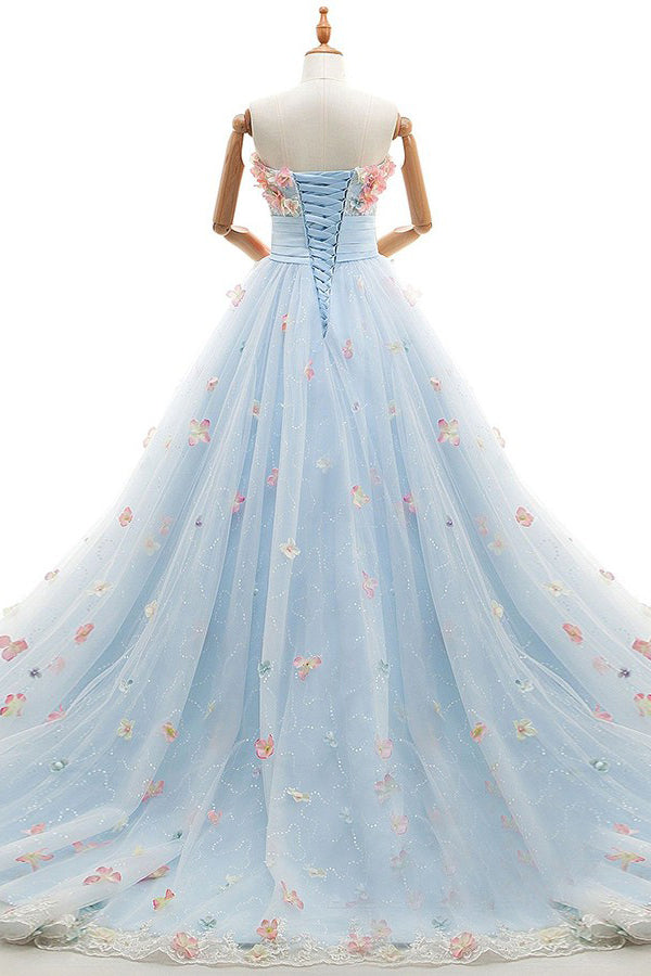 Charming Light Blue Tulle Sweetheart Ball Gown Court Train Wedding Dress W408 - Ombreprom