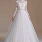 A-Line Lace Appliques Long Sleeve Tulle Chapel Train Wedding Dresses