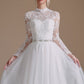 A-Line Lace Appliques Long Sleeve Tulle Chapel Train Wedding Dresses