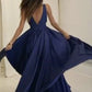 Simple Deep V-Neck Open Back Long Blue Prom Dresses