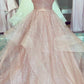 A Line Rose Gold Pleated Bodice Ruffled Long Prom Dresses