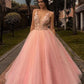 Pink V neck Tulle A Line Formal Evening Dresses Lace Applique Long Prom Dresses