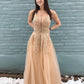 Stylish V neck Lace A line Evening Dresses Appliques Long Prom Dresses