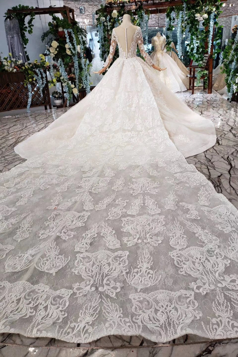 Long Sleeves Ball Gown Wedding Dress with Beading & Lace Appliques