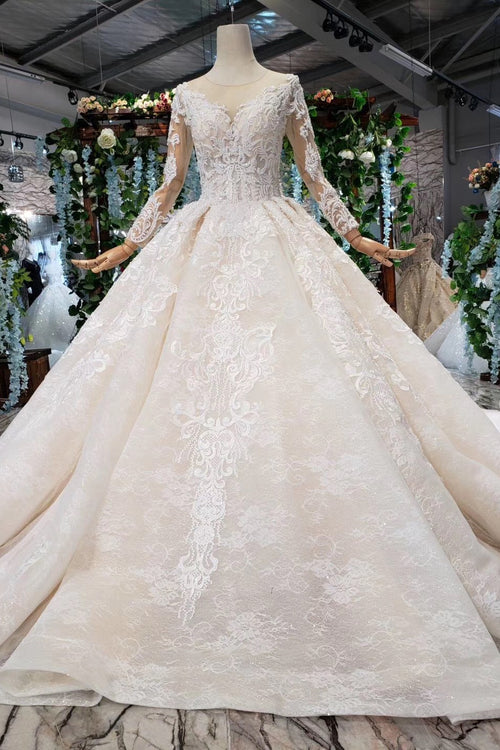 Stunning Long Sleeves Ball Gown Wedding Dress With Beads Lace Appliques main image 1