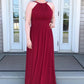 A-line Jewel Burgundy Bridesmaid Dresses, Chiffon Long Prom Dresses