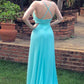 A-line V-neck Mint Blue Long Prom Dresses, Backless Evening Dresses With Split