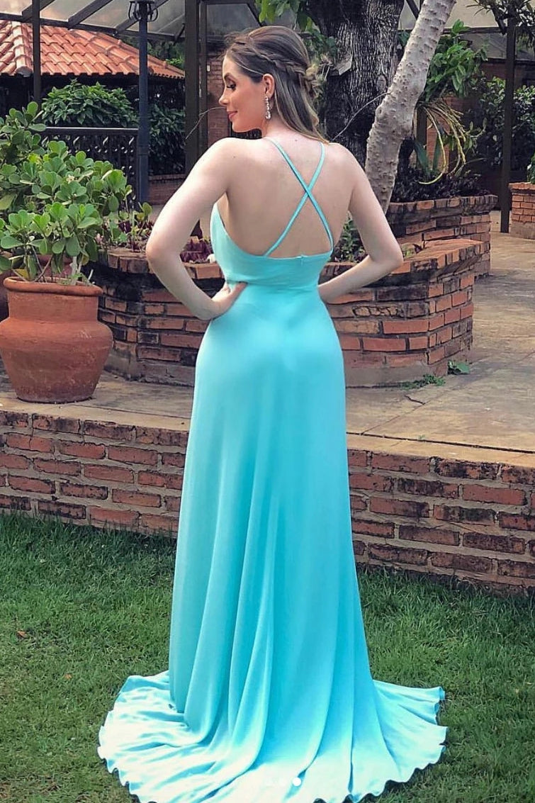 A-line V-neck Mint Blue Long Prom Dresses, Backless Evening Dresses With Split