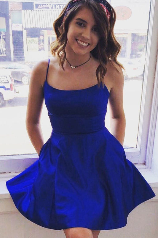 Simple Satin Royal Blue Short Homecoming Dresses With Pockets
