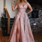 Spaghetti Strap V Neck Rose Gold Sequins Long Prom Dresses With Split