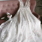 Elegant A-line V-neck Long Backless Lace Beach Wedding Dresses