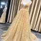 Sparkly Plunging Neckline Long Prom Dresses, Glitter Backless Evening Dresses