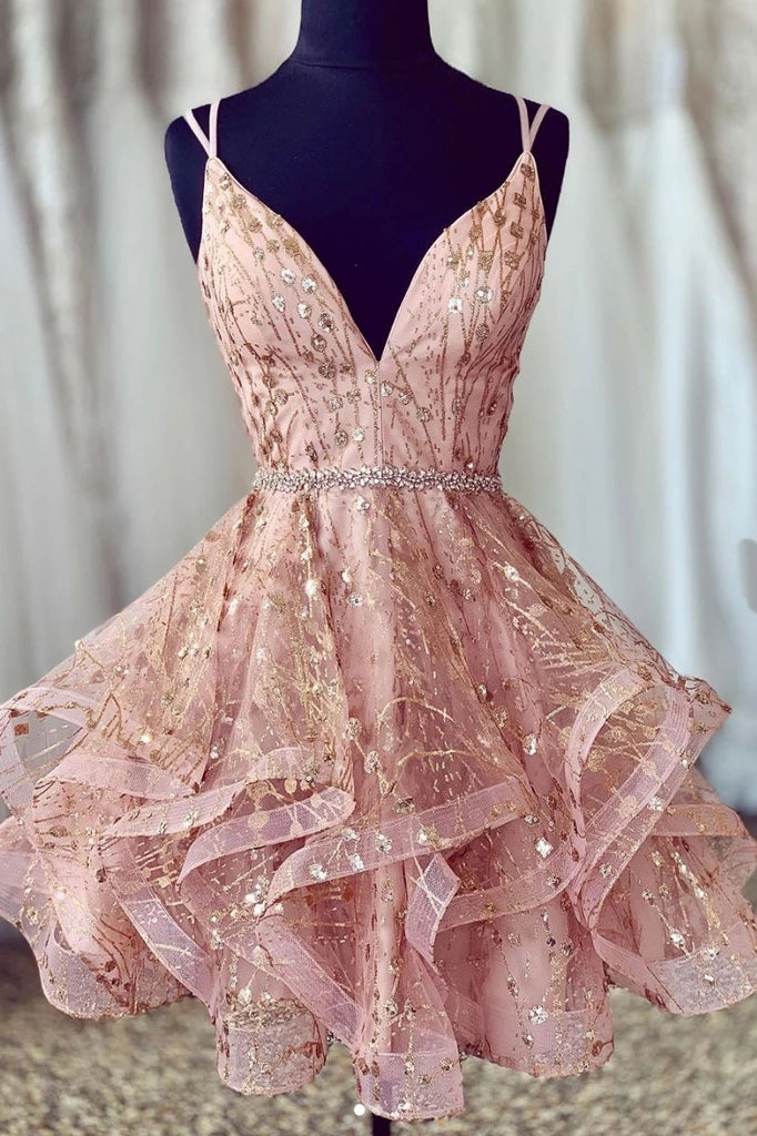 Cute Sequins Pink Homecoming Dresses V-neck Beaded Short Prom Dresses